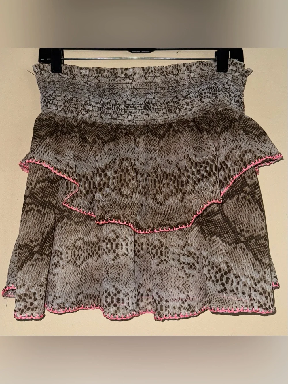 Ramy Brook Brown Snakeskin Ruffle Pink Trim Sheer Ruffle Mini Skirt Size M
